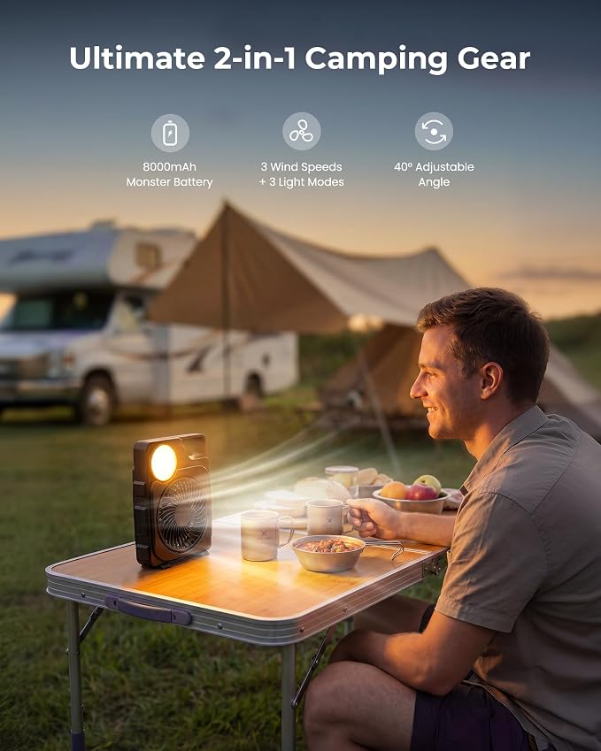 PopoIron 2-in-1 Camping Fan with LED Lantern, USB-C Rechargeable Portable Fan with Sealed 8000mAh Battery Pack, Hanging & Desktop Use, 3-Speed Cooling, 3 Color Temperature Light for RV, Tent, Travel - Image 2