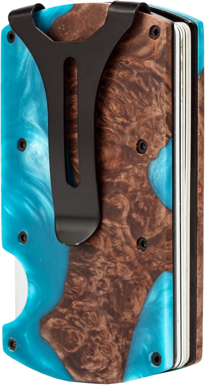 Minimalist Wallet for Men, Slim Metal RFID Blocking Wallet Credit Card Holder Money Clip & Cash Strap, Scratch-Resistant Holds 15 Cards,Ideal Gift for Men | Resin Wood, Unique Pattern ,Light Blue - Image 7