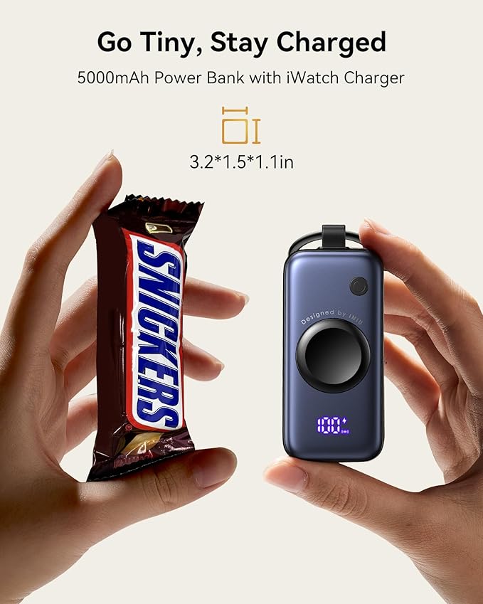 INIU SnapGo Portable Charger, 5000mAh Mini Power Bank for Apple Watch, White | 20W Fast Charging, Travel Keychain, Built-in USB-C Cable, Flight-Safe, Battery Pack for Apple Watch, iPhone 17 etc, White - Image 2