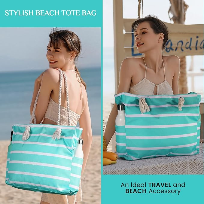 Clothirily Beach Bag for Women, Large Beach Tote Bag Waterproof with Zipper | Large Capacity Swim Pool Bag, Inner Pockets, Sandproof Foldable Beach Tote for Travel Essentials - Image 2