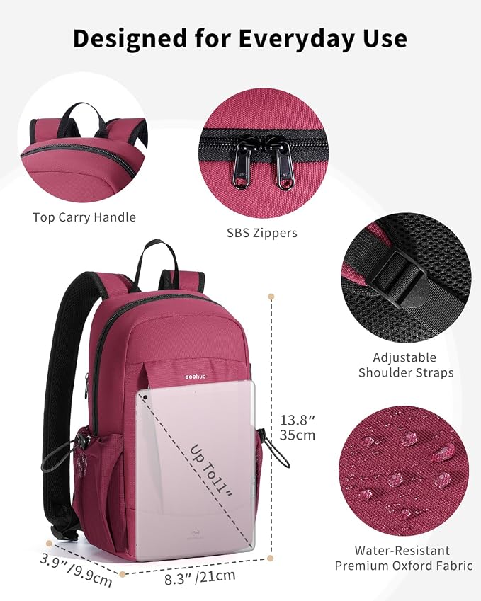 ECOHUB Mini Anti-Theft RFID Backpack for Women and Men, Water-Resistant, Lightweight Travel Daypack with iPad Sleeve, Key Holder, 9 Pockets, Gifting, Red | 10L RFID Blocking Backpack for Men Lightweight&Small Daypack with 9 Pockets,Water Resistant - Image 6