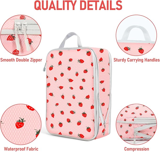 6 Set Compression Packing Cubes, Suitcase Organizer, Lightweight Travel Essentials, Compression Bags For Travel Accessories Luggage Storage Set (6Pcs, Pink Strawberries) - Image 4