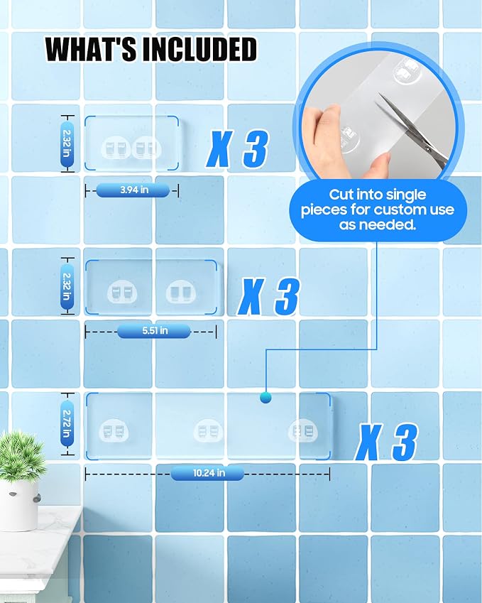 9 Pack Shower Caddy Adhesive Replacement, Strong Waterproof Transparent Adhesive Strips, No Drilling Shower Shelf Adhesive Hooks for Bathroom Shelves, Corner Basket, Soap Holder & Kitchen Racks - Image 3