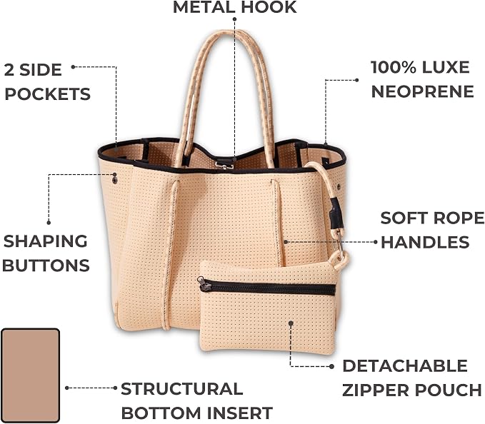 POPUPS Large Neoprene Tote Bag for Women - Everyday Designer Handbag for Travel Work and Beach with Pockets and Zipper Pouch - Image 6