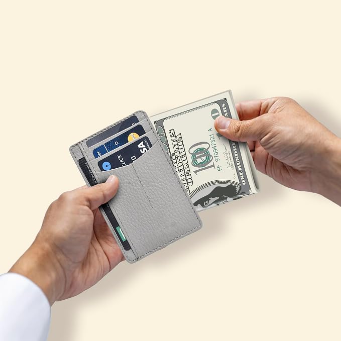 Slim Minimalist Leather Wallet RFID Front Pocket Card Holder, Grey - Image 4