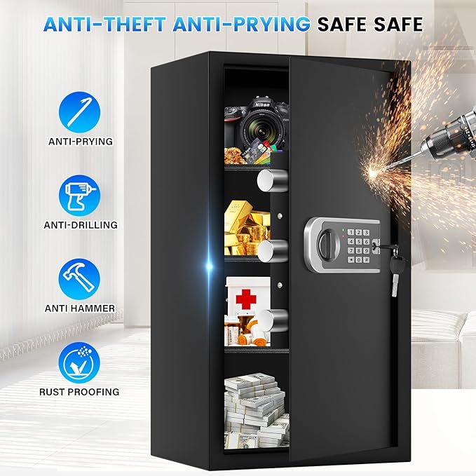 27.56"H Steel Safe Box, 6.0 Cuft Home Safes with Fireproof Waterproof Bag | Digital Security Safes with Programmable Keypad Keys, Smart Alert, Mute Mode, Anti-theft Safety Box for Documents Valuables - Image 3