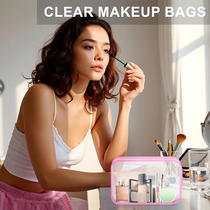 REHALY Clear Toiletry Bag, 12 Pack TSA Approved Toiletry Bag Carry on Travel Accessories Bag, Quart Size Bag for 3-1-1 Liquids Airport Airline Compliant Clear Makeup Bag with Metal Zipper (Pink Bags) - Image 7