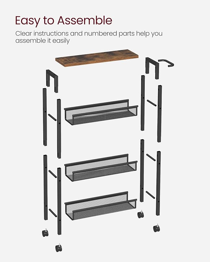 VASAGLE Slim Rolling Cart, 4-Tier Narrow Storage Cart with Handle, 5.1 Inches Deep, Metal Frame, for Kitchen, Dining Room, Living Room, Home Office, Rustic Brown and Classic Black ULRC032B01V1 - Image 9