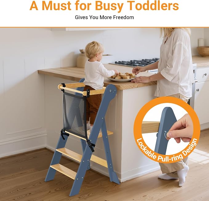 COSYLAND Foldable Toddler Kitchen Stool Helper - Height Adjustable Standing Tower for Bathroom Sink or Kitchen Counter - Step Stool for Toddlers Ages 18 Months to 6 Years Gray & Natural - Image 4