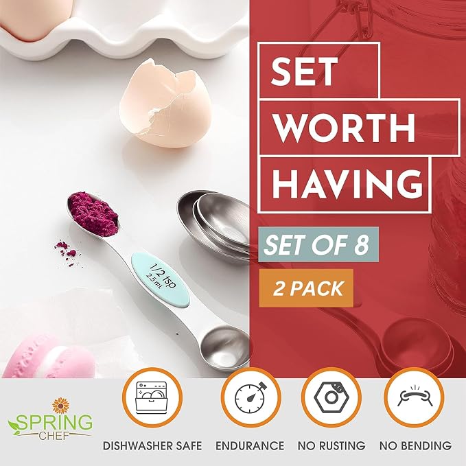Spring Chef Stainless Steel 8 Magnetic Measuring Spoons Set, 2 Pack, Mint | Dual Sided Metal Teaspoon & Tablespoon Measuring Spoons with Leveler for Dry & Liquid Ingredients, Nesting, Dishwasher Safe - Image 3