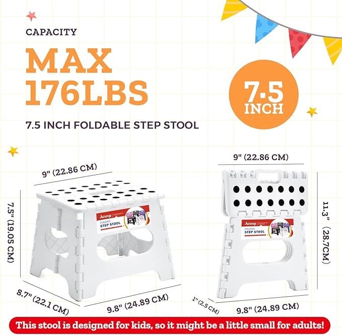 Collapsible Step Stool 7.5 Inch, Small Folding Stool, 176 lbs, White | Lightweight Foldable Step Stool for Kids and Adults with Handle, for Kitchen, Bathroom, Car, and Compact Home Storage - Image 4