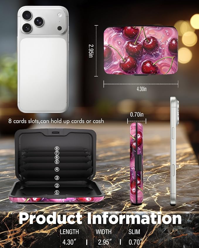 Maicican RFID Blocking Aluminum Credit Card Holder | Slim Metal Wallet for Women & Men, Business Card Case for Travel, Fits Front Pocket, Card holder wallet - Red cherries - Image 6