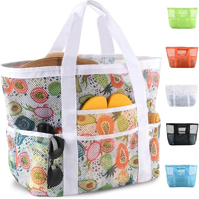 CaCTOUR Mesh Beach Bag,Large Beach Bags for Women with 8 Pockets,Packable Tote Bag for Beach Cruise Pool Vacation Essentials by CaCTOUR