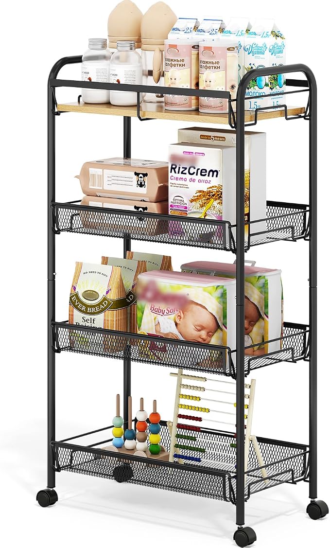 TOOLF 4-Tier Rolling Cart, Metal Utility Cart, Slide Out Storage Cart with Wooden Tabletop and Mesh Baskets, Easy Assemble Trolley for Kitchen Bathroom Laundry Room Bedroom Apartments Dormitory by TOOLF