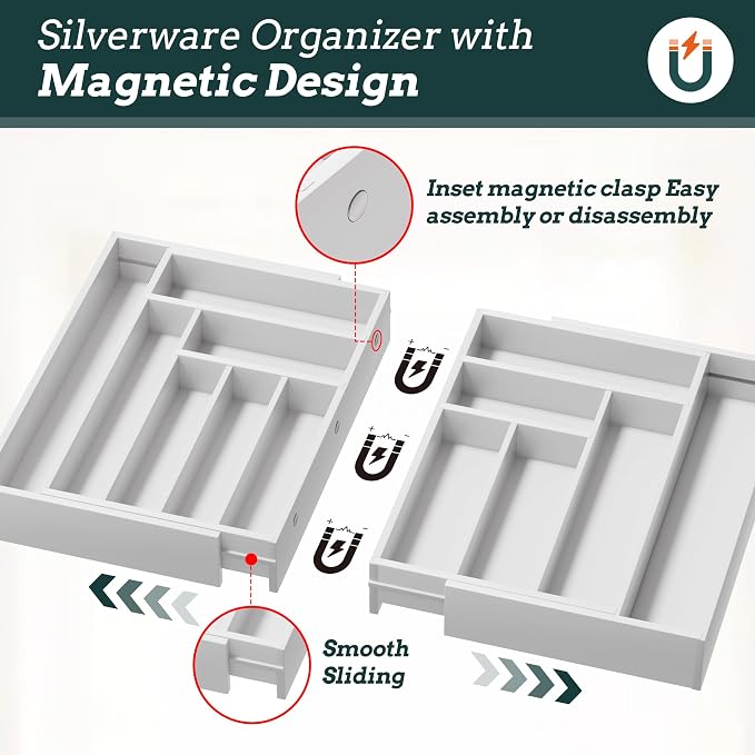 Magnetic Expandable Silverware Drawer Organizer, 13 Slots Utensil White | Magnetic Connected, Expandable 21-37.4 Inch, 13 Divided Slots, White Cutlery Utensil Organize Kitchen - Image 3