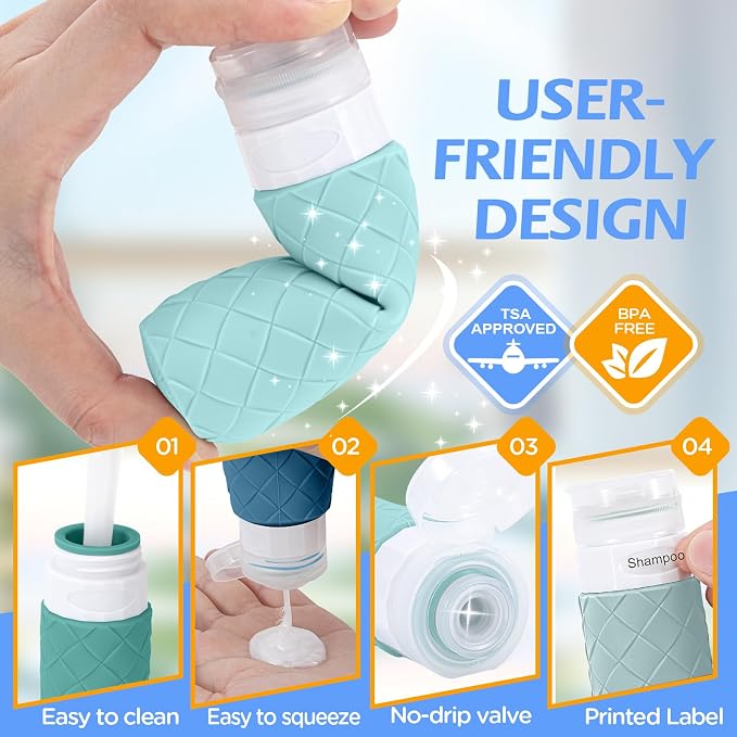16 Pack Travel Bottles for Toiletries, TSA Approved Travel Size Toiletries Containers Set, BPA-Free Silicone Leak Proof Refillable Bottles Stackable Creams Jars Accessories Kit W/Clear Bag Mint Green - Image 4