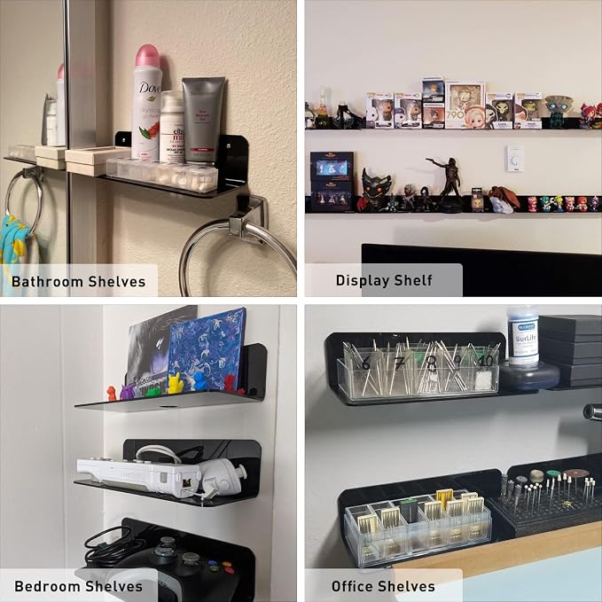 OAPRIRE Acrylic Floating Wall Shelves Black, Damage Free, 12 Inch 2 Pack | Strong Tape Adhesive Wall Shelf No Drill, Easy Installation, Hole Design with Cable Clips, Small Spaces Bedroom Bathroom - Image 4