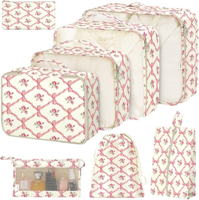 8 Set Packing Cubes for Suitcases,Packing Cube with Shoe, Cosmetics, Clothing, and Accessories Bags Packing Cubes for Travel Luggage Organizer Women Men(Bow Flowers) by Hatisan