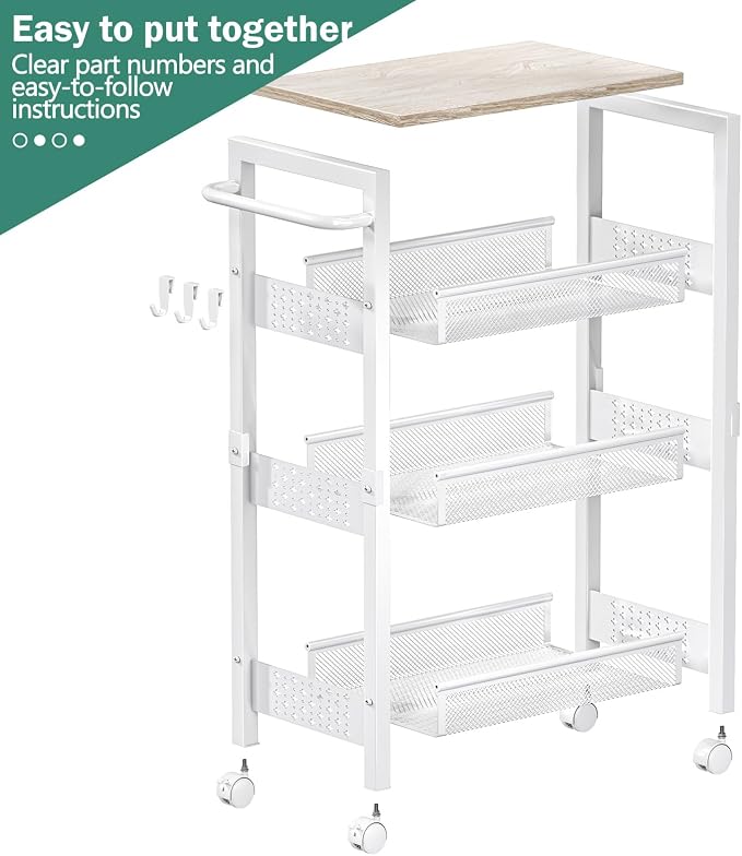 Vivihomety 4-Tier Laundry Utility Rolling Storage Cart with Wheels, Metal | Narrow 8.1" wide, lockable wheels, wood top panel, metal frame, for laundry room, small spaces, pantry, tight gaps, White - Image 8
