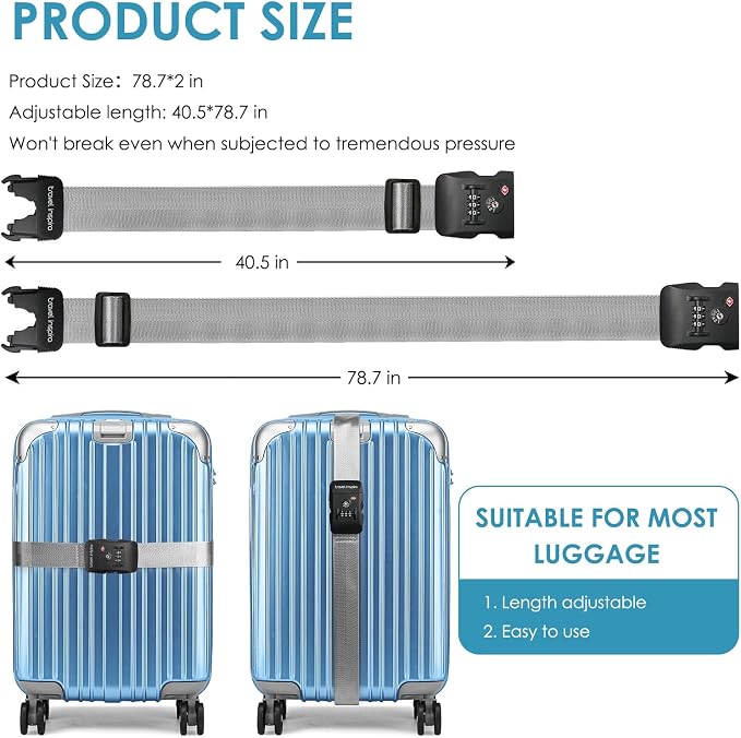 Travel Inspira Anti-Theft Suitcase Belt with TSA Lock | Heavy-Duty Nylon; Gray Strap; TSA-Approved Lock with Tag; Adjustable 103-200cm; Secure Gray Strap; 20-28 Inch Bags - Image 7