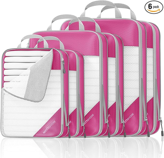 Compression Packing Cubes 6 Set, Compressible Space-Saving Packing Cubes for Travel - Compression Bags, Luggage Organizer, Travel Essentials for Women, Hot Pink by NICOSHOW