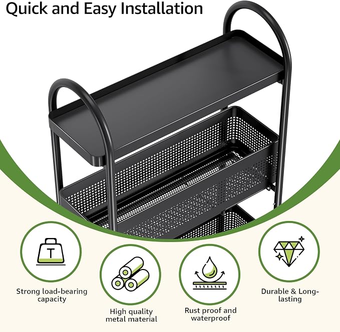 KINGRACK 4 Tier Slim Rolling Cart with Drawer, Metal Utility Storage Cart | 2 Pull-out Baskets, Lockable Wheels, Narrow Space Trolley Organizer for Bathroom, Kitchen, Office, Dorm, Laundry Room, Black - Image 3