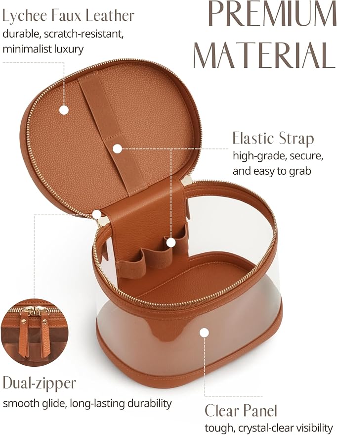 Travel Makeup Case Clear Vanity Bag with Brush Holder, Compact Leather Train Case Brown Make Up Bag Storage Organizer Luxury Cosmetic Case Travel Essentials Cute Portable with Handle - Image 2