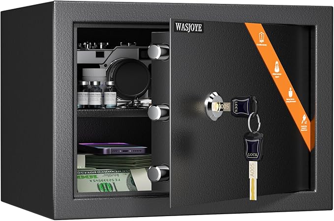 Cabinet Safe with Key for Money, 1.2 Cu Ft Key Lock Box | Safe Box Coffre Fort for Cash Jewelry Medicine Passport, Steel High Security Safety Box for Home/Office/Hotel by WASJOYEUS
