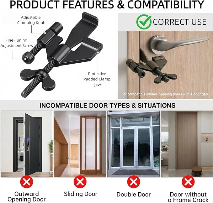 Adjustable Portable Door Lock & Door Stop Alarm Set, 120dB Anti-Theft Security Alarm Door Stoppers, Travel Entry Blocker for Hotel Apartment Dorm Room, No Drill Required, (2 Pack) - Image 6