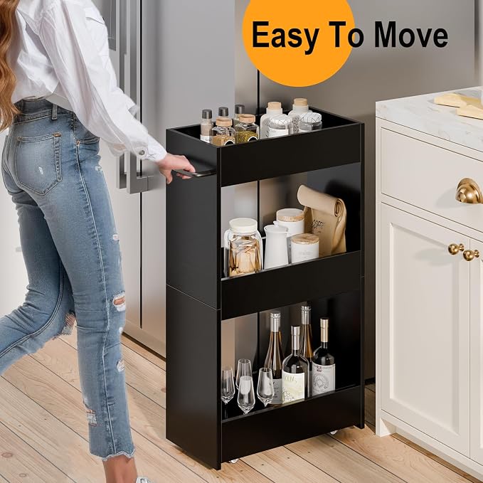 MARTY Slim Rolling Storage Cart 7.9" W Laundry Cart with Wheels,Wood, Black | Narrow Utility Cart Between Washer and Dryer, 3 Tier Mobile Shelving Unit for Kitchen, Laundry, Bathroom, Office, Living Room - Image 2