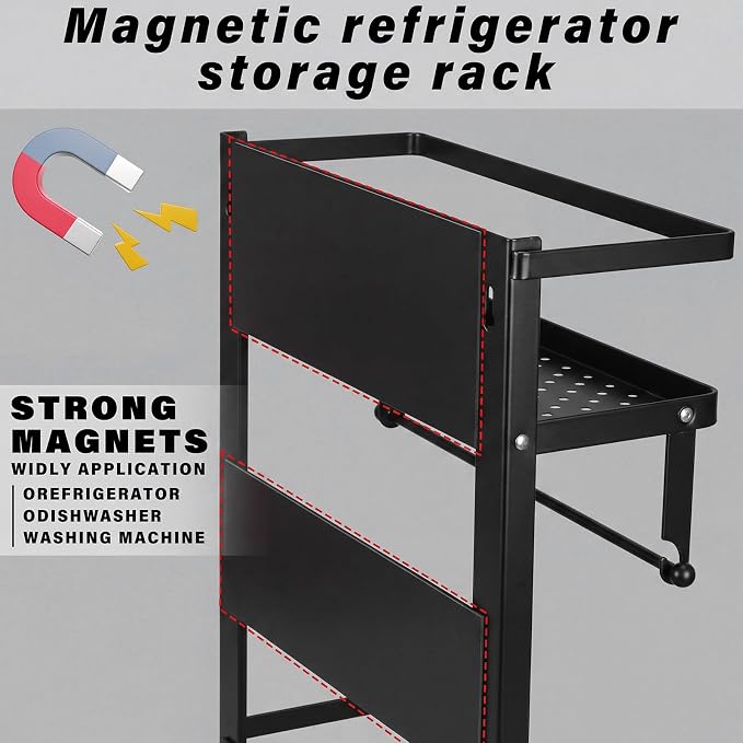 Vercraft Magnetic Dorm Fridge Organizer Heavy Duty Metal 66lbs over Dorm Fridge Shelf Essentials Side of Fridges Paper Towel Holder with Storage Shelf Hooks Magnetic Spice Rack for Room Kitchen(Black) - Image 5