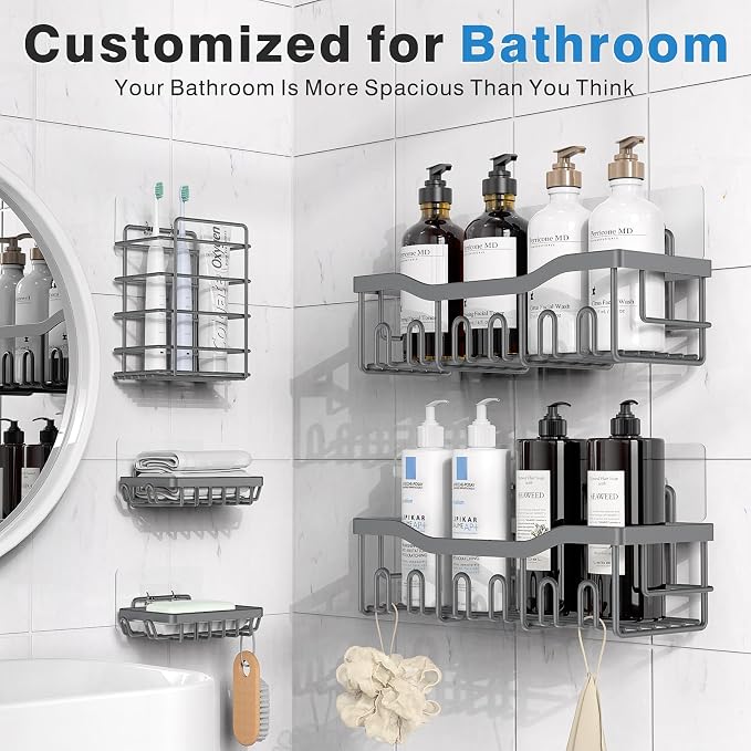 Shower Caddy 5 Pack,Adhesive Shower Organizer for Bathroom Storage&Home Decor&Kitchen,No Drilling,Large Capacity,Rustproof Stainless Steel Bathroom Organizer,Shower Shelves for Inside Shower-Larger - Image 2