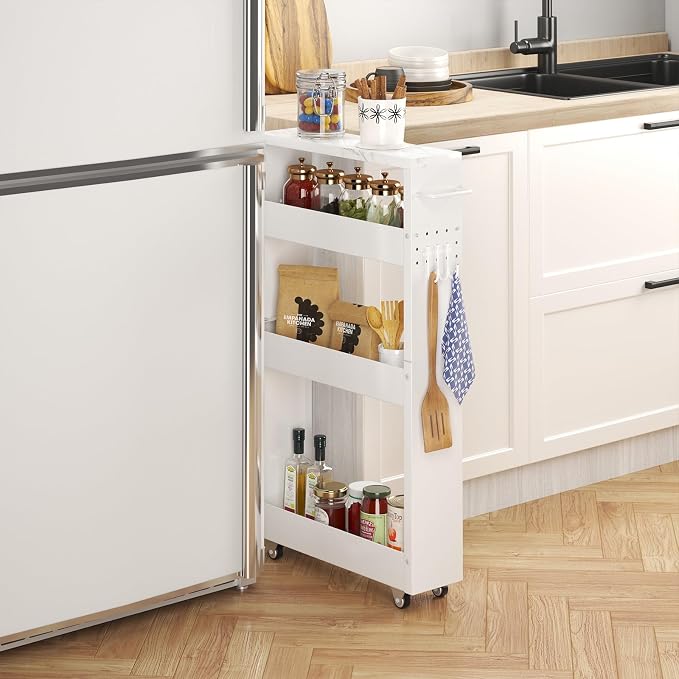 XYZLVSI Slim Storage Cart, 4 Tier Narrow Kitchen Rolling Cart with Wheels | 5.1" W narrow shelf for small spaces, 13" bottom metal utility cart with handle for bathroom/laundry, skinny storage cart - Image 2