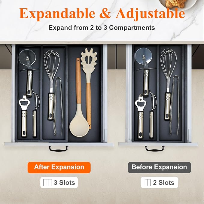 Expandable Black Bamboo Kitchen Utensils Drawer Organizer Silverware Tray | Large Cooking Utensil Tray Drawer Divider Insert Big Spatula Cutlery Holder Knife Spoon Flatware Wood Kitchen Tool Organizer - Image 4
