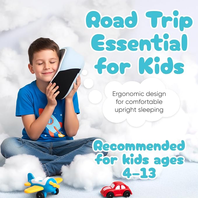 Kids Travel Neck Pillow, Memory Foam, Light Blue, Ages 4+ | Ergonomic Soft Washable Kids Airplane Pillow with Adjustable Strap, Compact Head Support for Car and Booster Seat - Image 2