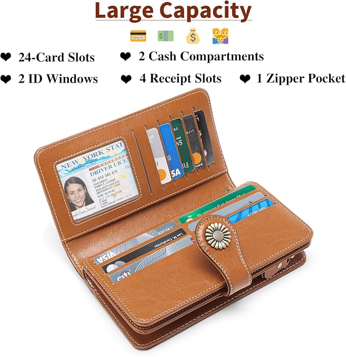 SENDEFN Wallets for Women Leather Credit Card Holder with RFID Blocking Large Capacity Wristlet | with RFID Blocking - Image 2