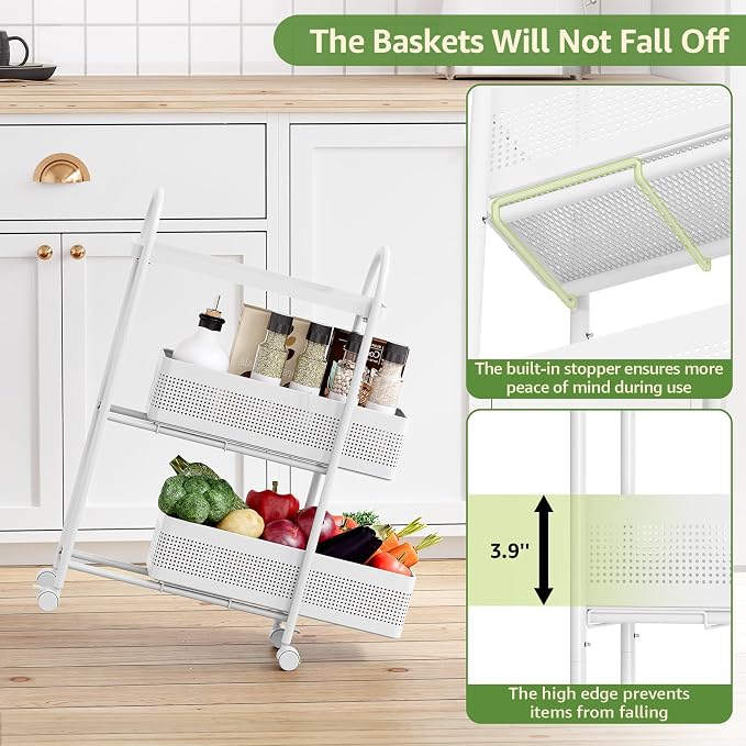 KINGRACK 3 Tier Slim Rolling Cart with Drawer, Metal Utility Storage Cart | 2 Pull-out Baskets, Lockable Wheels, Narrow Space Trolley Organizer for Bathroom, Kitchen, Office, Dorm, Laundry Room, White - Image 3