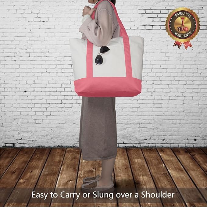 TOPDesign 1-Pack Canvas Tote Bag with an External Pocket, Reusable Grocery Shopping Bag, Top Zipper Closure, Daily Essentials (Rose Pink/Natural) - Image 2