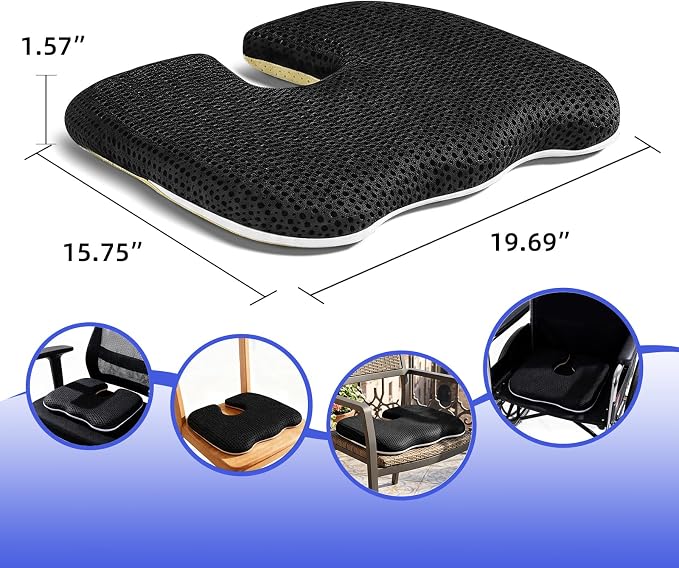 Gooo&Ma Air Fiber Seat Cushion, U-Shape Tailbone Comfort, Black | Breathable cooling, ergonomic design, for office chair/car/gaming, washable, non-slip base, 19.7"x15.7"x1.6" - Image 6