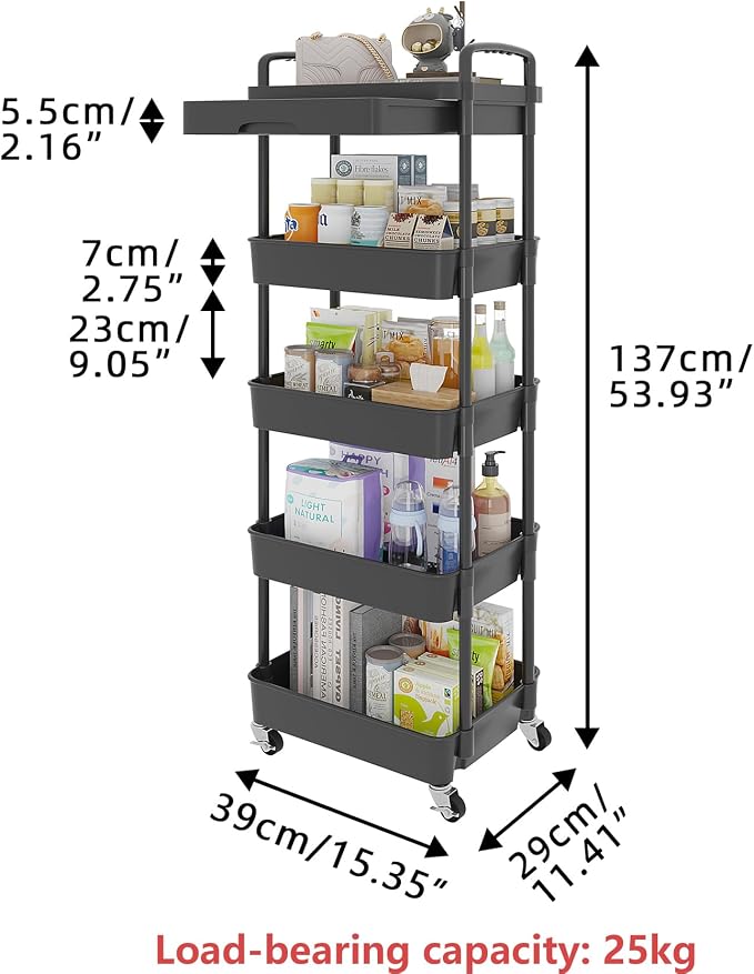Calmootey 5-Tier Utility Cart with Drawer & Wheels, Storage for Home,Office | Space-Saving Organizer, Sturdy Plastic Shelves, Smooth-Rolling Metal Wheels, Built-in Drawer for Small Items, Black - Image 5