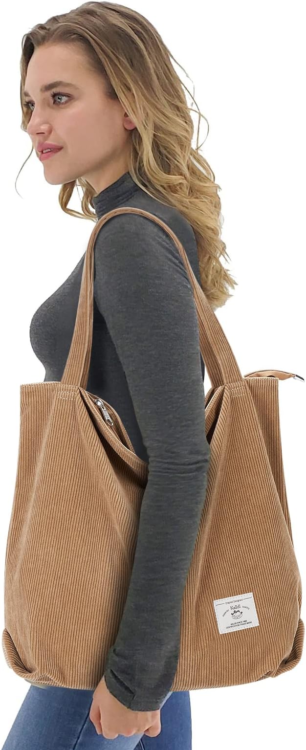 KALIDI Women Corduroy Tote Bag Zipper Casual Tote's Handbag Big Capacity Shoulder Bag with Pockets - Image 7