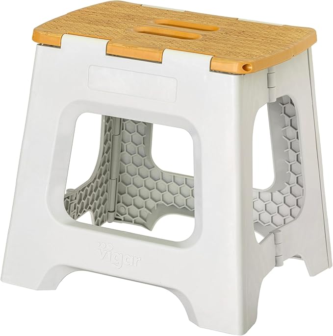 Vigar Compact Folding Step Stool, 12-1/2 in, Gray Bamboo Print | 12-1/2 in Foldable Stool, Lightweight Portable Design, Handle, Non Slip Surface, Space-Saving, Supports up to 330 lb by VIGAR