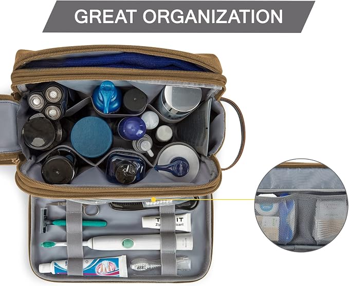 BAGSMART Toiletry Bag for Men, Canvas Travel Toiletry Organizer Dopp Kit Water-resistant Shaving Bag for Toiletries Accessories,Khaki-Large - Image 2