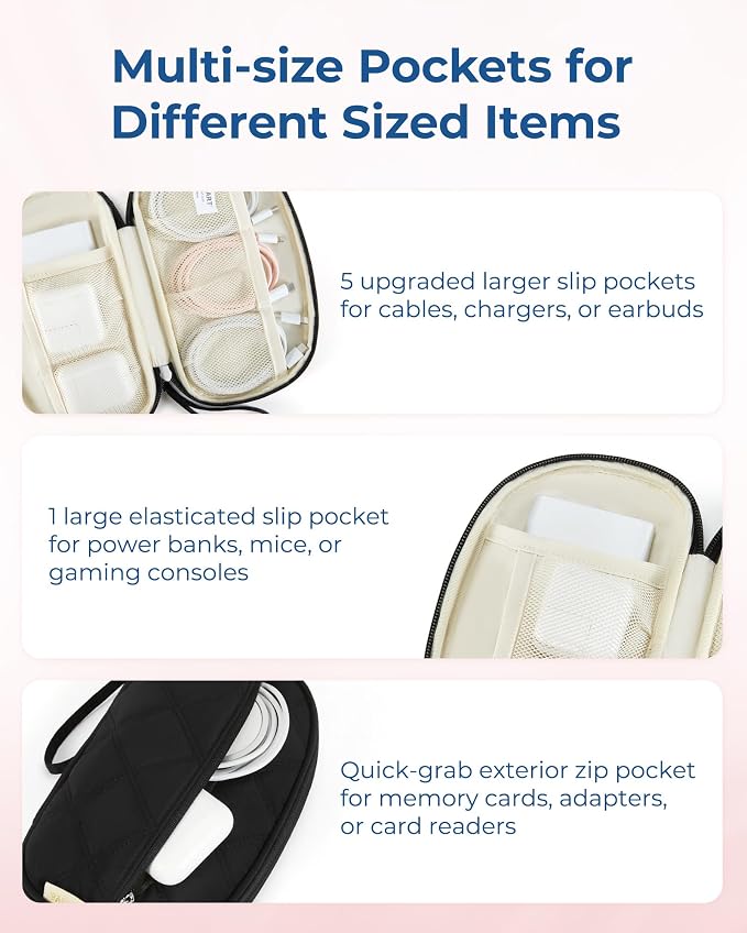 BAGSMART Electronics Organizer Travel Case for Cords Chargers Phones, Black | Puffy Padded, Travel Essentials, Cord organizer bag for Cables, Compact Tech Accessories Pouch - Image 4