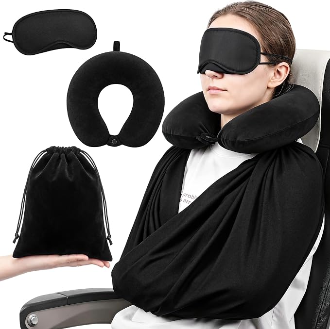 3 Pcs Airplane Sleep Support Set Includes Arm Travel Sling Wrap Blanket, Memory Foam Neck Pillow and Light-Blocking Eye Mask, Flight Sleeping Essentials Comfort for Long-Distance Travel by Sosation