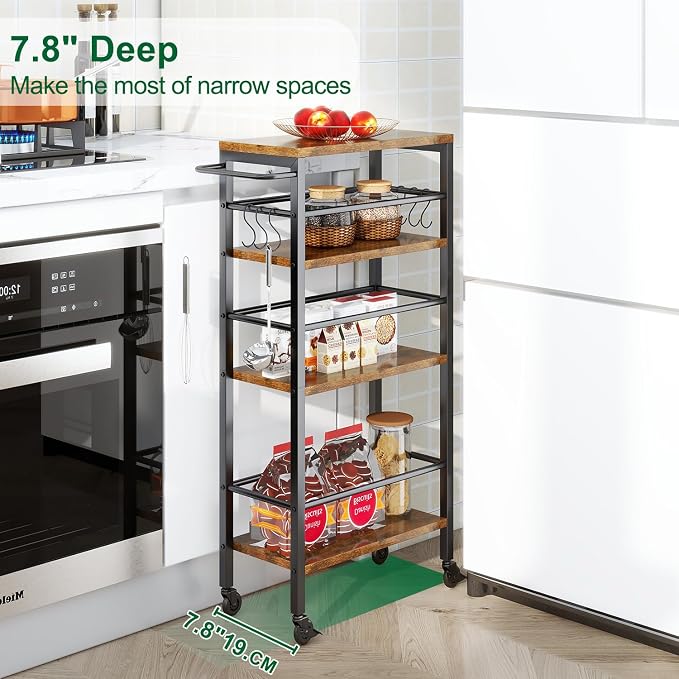 IBUYKE Slim Rolling Storage Cart, Kitchen Cart Utility Shelving UTMJ065H | 4-Tier, with Lockable Wheels,Handle&6 Hooks, 7.9" wide,for Kitchen, Laundry, Bathroom, Rustic Brown - Image 2