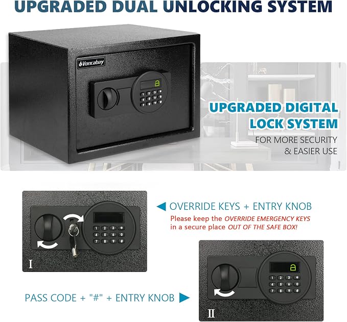Voncabay Money Safe Box for Home with Digital Keypad, 0.8 Cu. Ft., Black | Alloy Steel, 2 Fireproof Bags, Digital Keypad with Display, Removable Shelf, Fits A4, 13.8 x 9.85 x 9.85 In. - Image 5