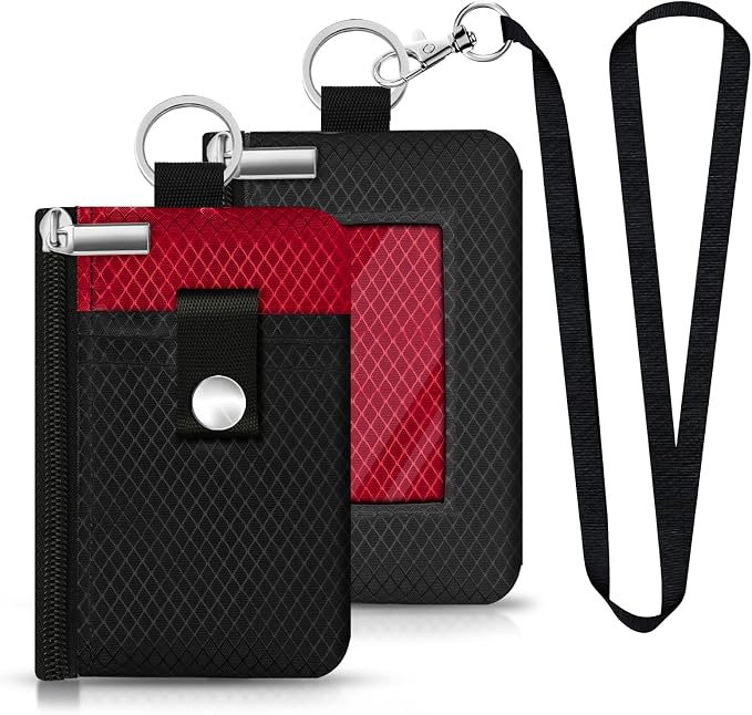 Minimalist RFID Blocking Small Wallet with ID Window,WaterResistant Zip Id Case Wallet with Lanyard Keychain for Cards,Cash,Travel,Women,Men (Black/Red) by CCUMI