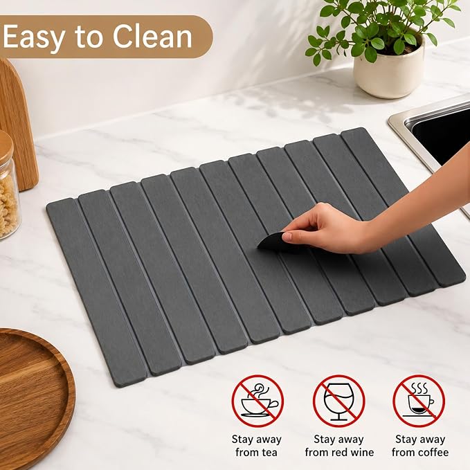 Extra Large Stone Dish Drying Mat for Kitchen Counter, Thin & Light Quick Dry Stone Dishes Mat, Foldable Water Absorbing Diatomite Drying Pad for Kitchen Bathroom Sink Countertop (Pure Gray 32"x16") - Image 6