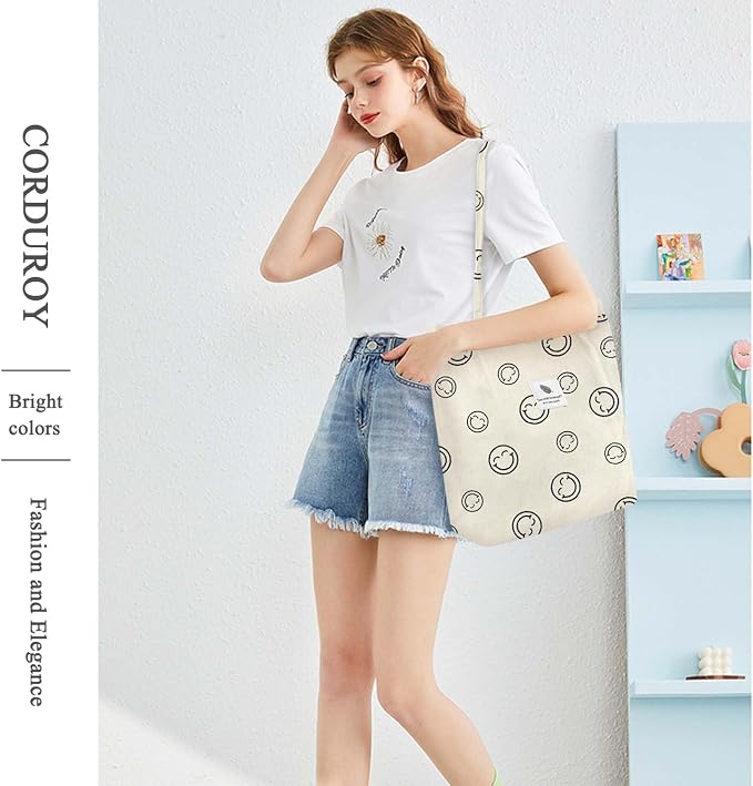 LHMTQVK Corduroy Tote Bags for Women, Large Capacity Tote Purse Reusable Grocery Shoulder Bag with Inner Pockets - Image 5